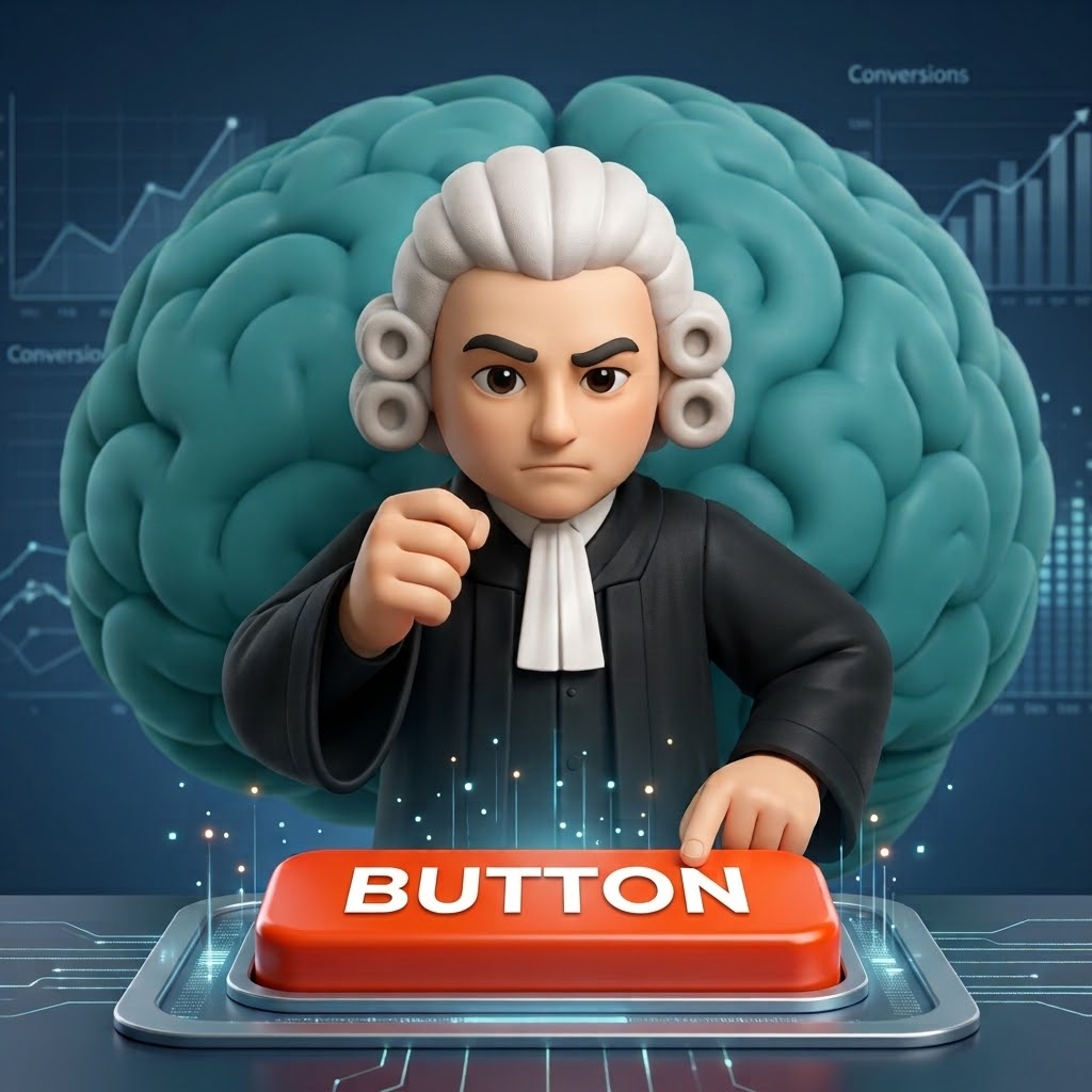 Der 3-Sekunden-Richter drückt entschlossen auf einen großen roten Call-to-Action-Button, im Hintergrund steigende Conversion-Kurven
