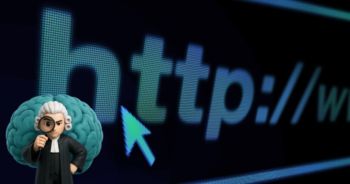 Der 3-Sekunden-Richter vor einer digitalen Browser-URL-Leiste, Sinnbild für die ersten Sekunden auf einer Website