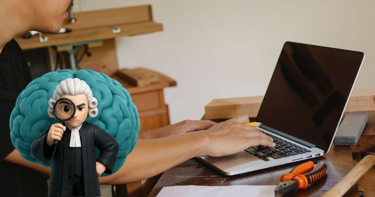 Der 3-Sekunden-Richter beobachtet einen Handwerker, der am Laptop seine eigene Website prüft
